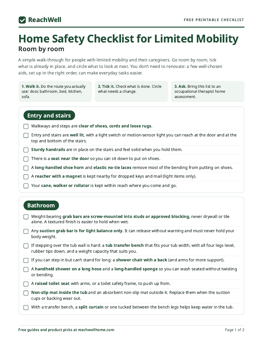 Preview of page 1 of the Home Safety Checklist: room-by-room checkboxes for the entry and stairs and the bathroom