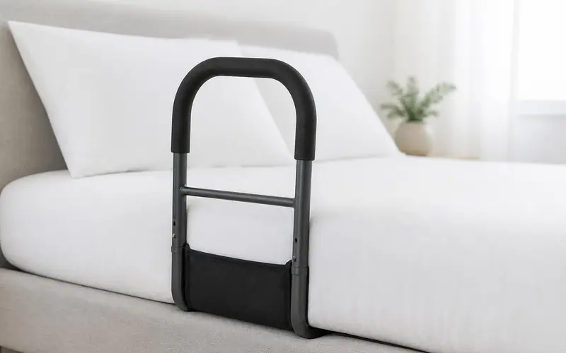 Illustration of a bed assist rail with a black handle fitted at the side of a bed.