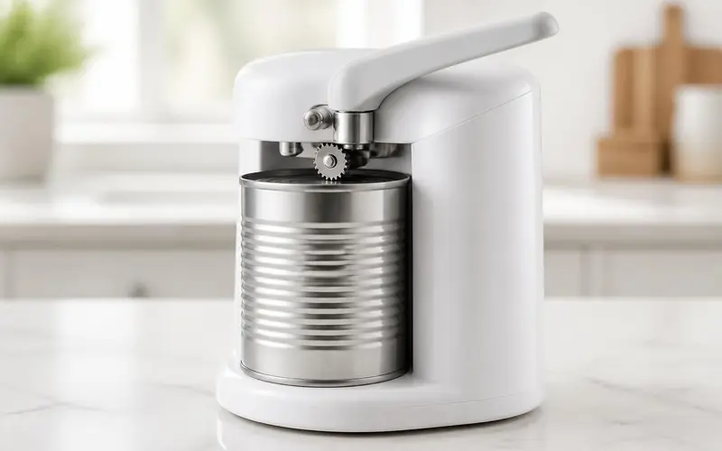 Illustration of a white countertop electric can opener holding a tin can.