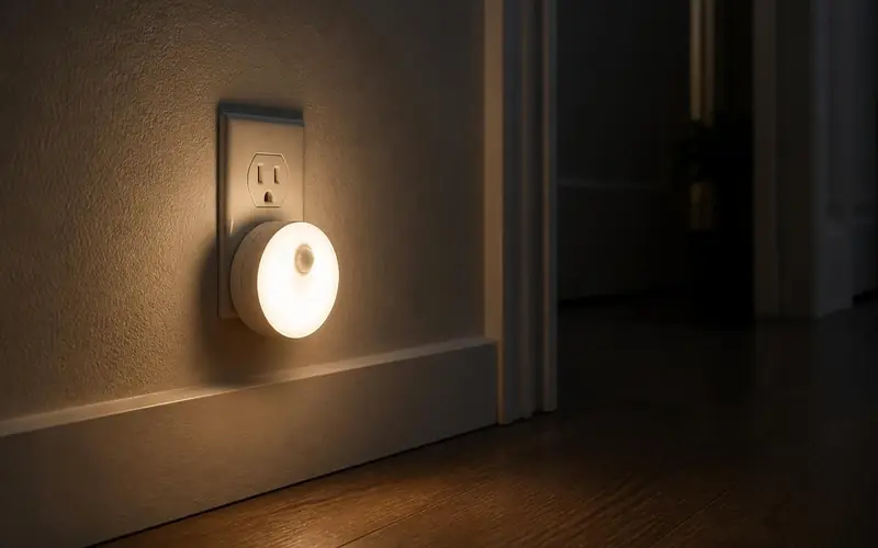 Illustration of a round plug-in night light glowing warm white low on a hallway wall. Shows the type of product, not the exact brand or model.