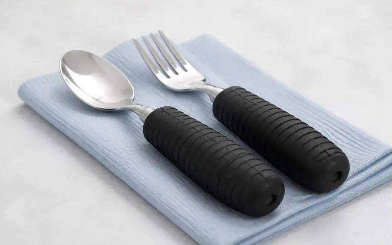 Illustration of a spoon and fork with chunky black rubber handles on a napkin. Shows the type of product, not the exact brand or model.