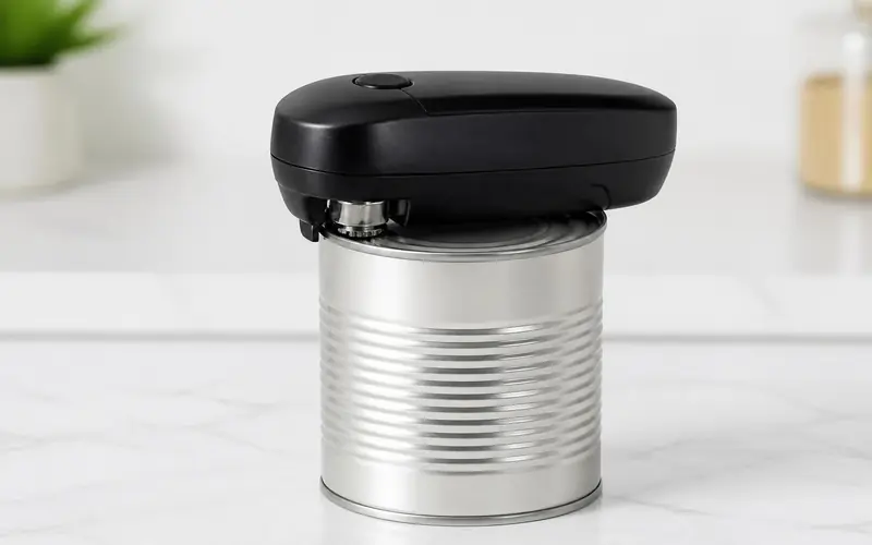Illustration of a black handheld electric can opener sitting on top of a tin can. Shows the type of product, not the exact brand or model.