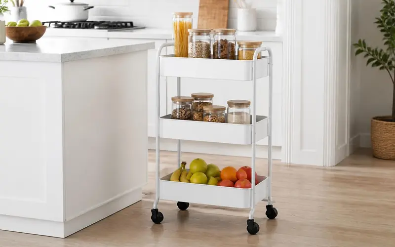 Illustration of a white three-tier utility cart on wheels beside a kitchen counter.