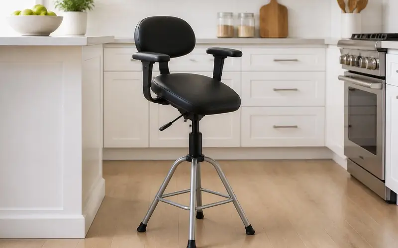 Illustration of a tall perching stool with a sloped seat, backrest and armrests in a kitchen.