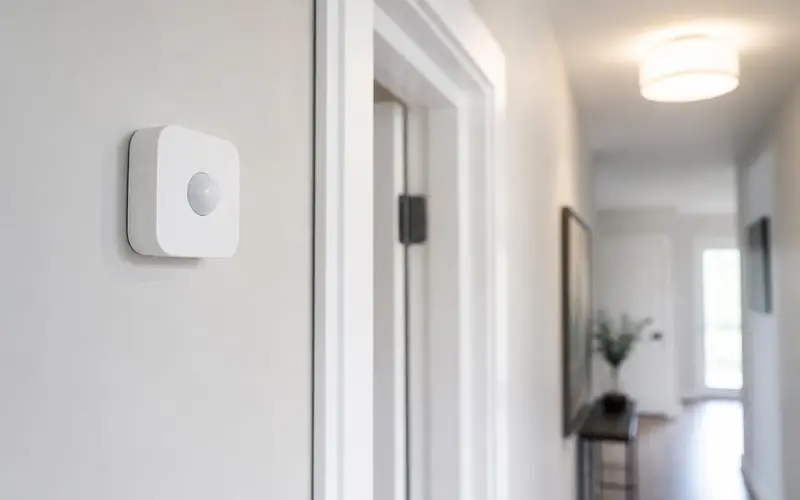 Illustration of a small white wireless motion sensor on a hallway wall. Shows the type of product, not the exact brand or model.