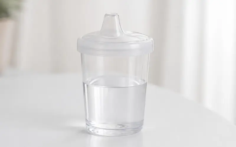 Illustration of a clear controlled-flow drinking cup with a spouted lid. Shows the type of product, not the exact brand or model.