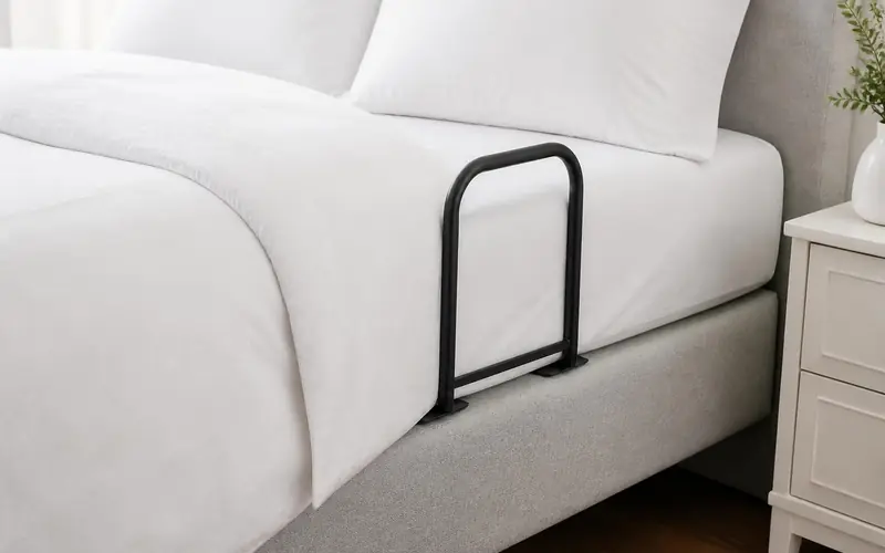 Illustration of a compact folding bed rail tucked under a mattress beside a bed. Shows the type of product, not the exact brand or model.