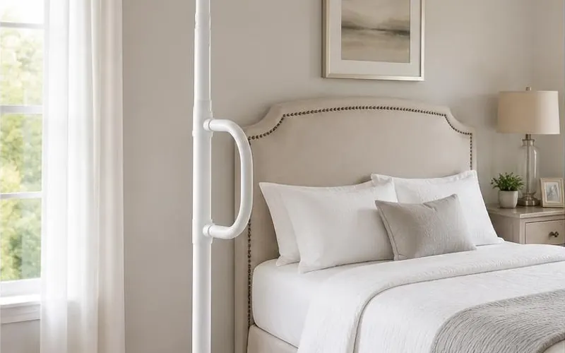 Illustration of a white floor-to-ceiling transfer pole with a curved handle beside a bed. Shows the type of product, not the exact brand or model.
