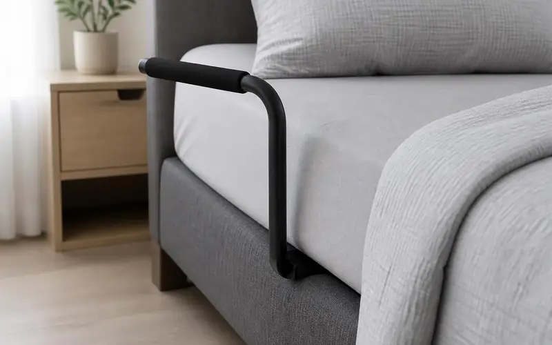 Illustration of an L-shaped bed handle with a black grip beside a bed with grey bedding. Shows the type of product, not the exact brand or model.