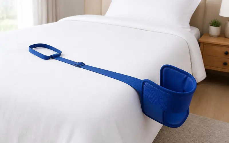 Illustration of a blue leg lifter strap with a foot cradle lying on a bed. Shows the type of product, not the exact brand or model.