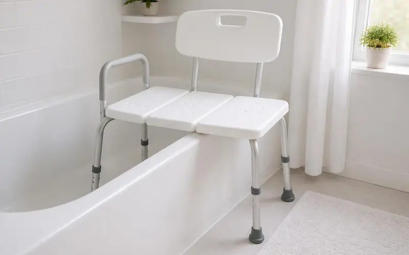Illustration of a white plastic tub transfer bench with a backrest placed across the edge of a bathtub. Shows the type of product, not the exact brand or model.