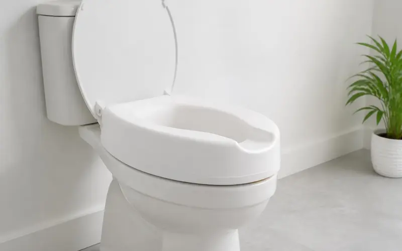 Illustration of a white raised toilet seat fitted onto a toilet in a bright bathroom. Shows the type of product, not the exact brand or model.