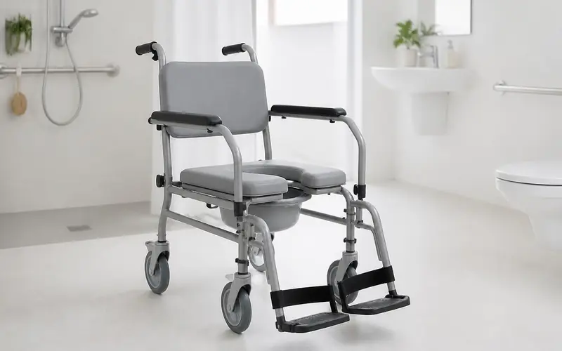 Illustration of a grey wheeled shower commode chair with footrests in a bright bathroom. Shows the type of product, not the exact brand or model.