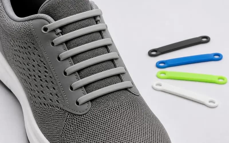 Illustration of a grey trainer with flat silicone no-tie laces, with spare laces beside it. Shows the type of product, not the exact brand or model.