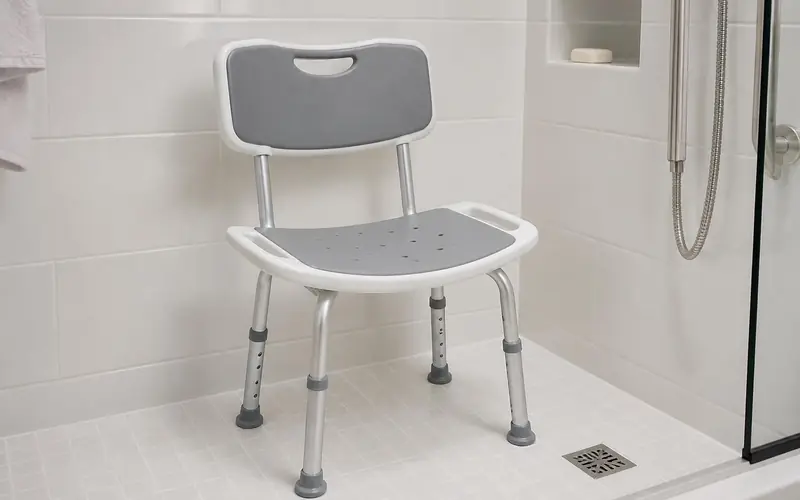 Illustration of a shower chair with a grey backrest and aluminium legs in a bright shower. Shows the type of product, not the exact brand or model.