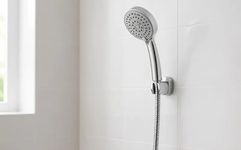 Illustration of a chrome handheld shower head in a wall bracket in a white shower. Shows the type of product, not the exact brand or model.