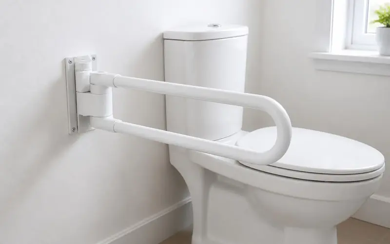 Illustration of a white flip-up grab bar mounted on the wall beside a toilet. Shows the type of product, not the exact brand or model.