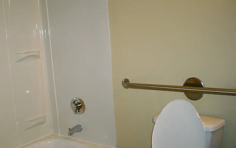Photo of a metal grab bar fixed to the wall beside a toilet and bathtub. Shows the type of product, not the exact brand or model.
