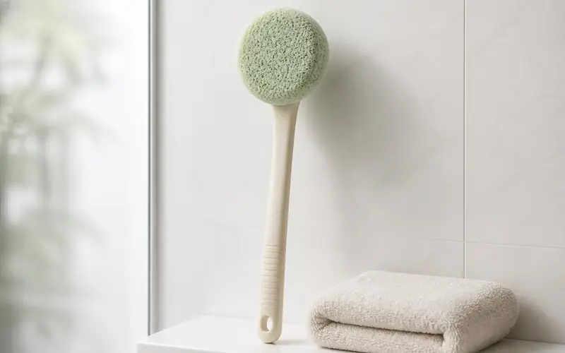 Illustration of a green bath sponge on a long handle beside a folded towel. Shows the type of product, not the exact brand or model.