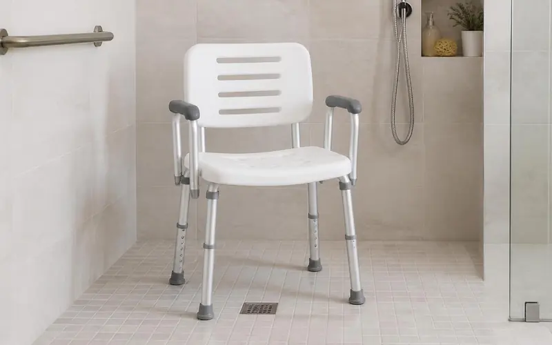 Illustration of a white shower chair with a slatted backrest and grey armrests in a tiled shower.