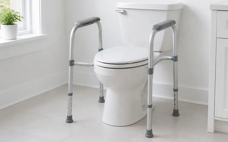 Illustration of an aluminium toilet safety frame with armrests standing around a toilet.