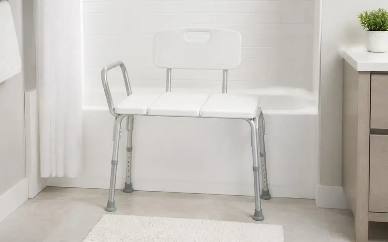 Illustration of a white tub transfer bench with a backrest, two legs inside a bathtub and two outside.