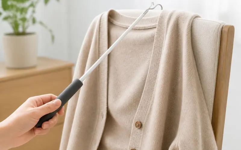 Illustration of a hand using a dressing stick with a foam grip to reach a cardigan. Shows the type of product, not the exact brand or model.