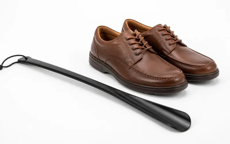 Illustration of a long black shoe horn beside a pair of brown leather shoes. Shows the type of product, not the exact brand or model.