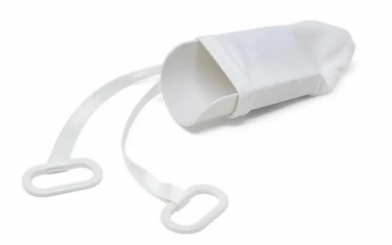 Illustration of a plastic sock aid with a sock fitted over it and two pull cords. Shows the type of product, not the exact brand or model.